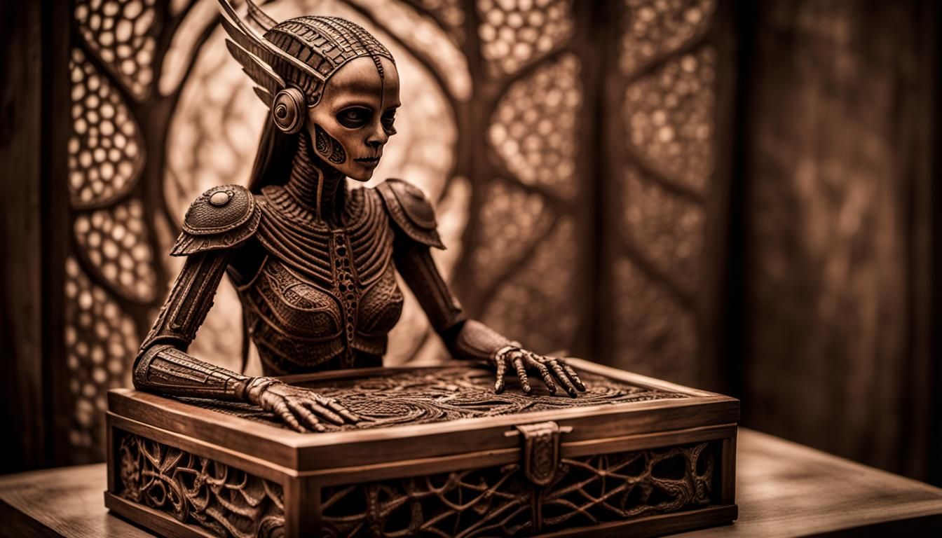 Insectile Dancer Emerges from Mahogany Box