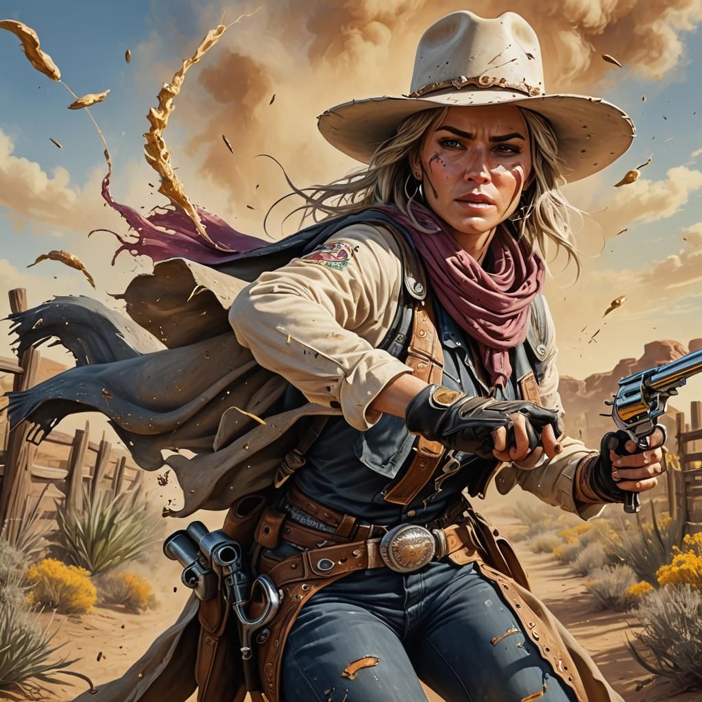Hyperrealistic Female Gunslinger in Desert Landscape
