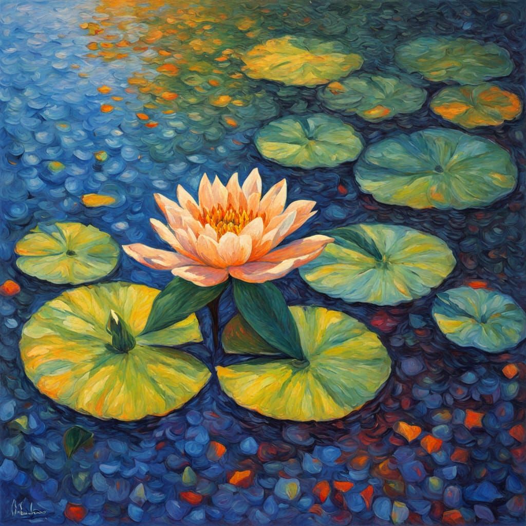 Neo-Impressionist Lily Closes Petals on Tranquil Lake