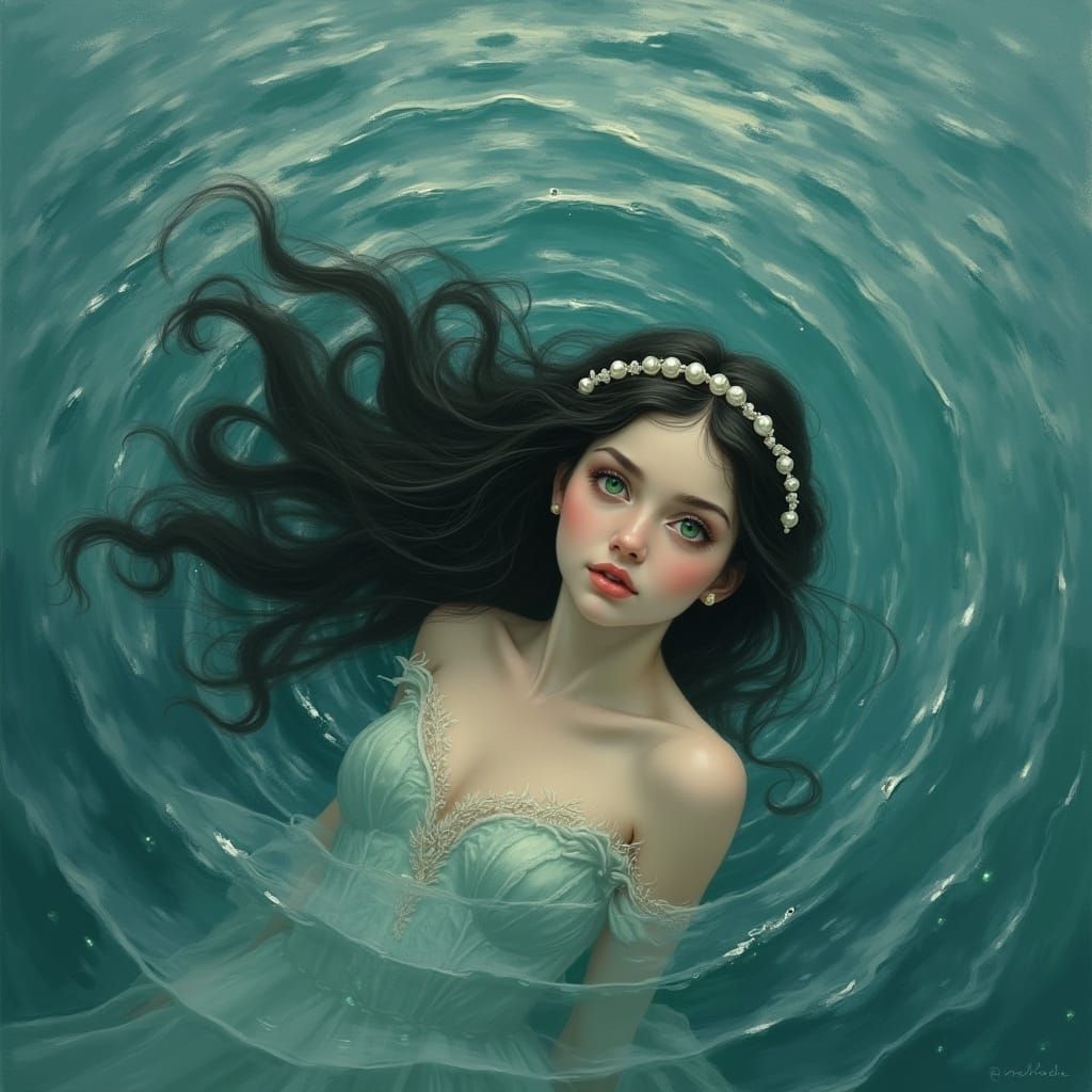 Ethereal Princess in Shimmering Sea with Pearl Diadem