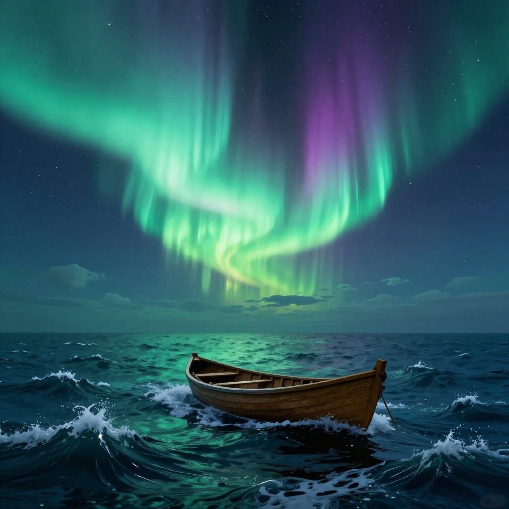 Row Boat on Cosmic Waves Under Aurora Borealis