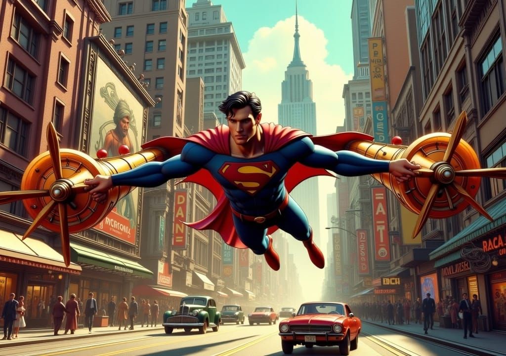 Superman Flies WWI Plane Through 1930s Times Square