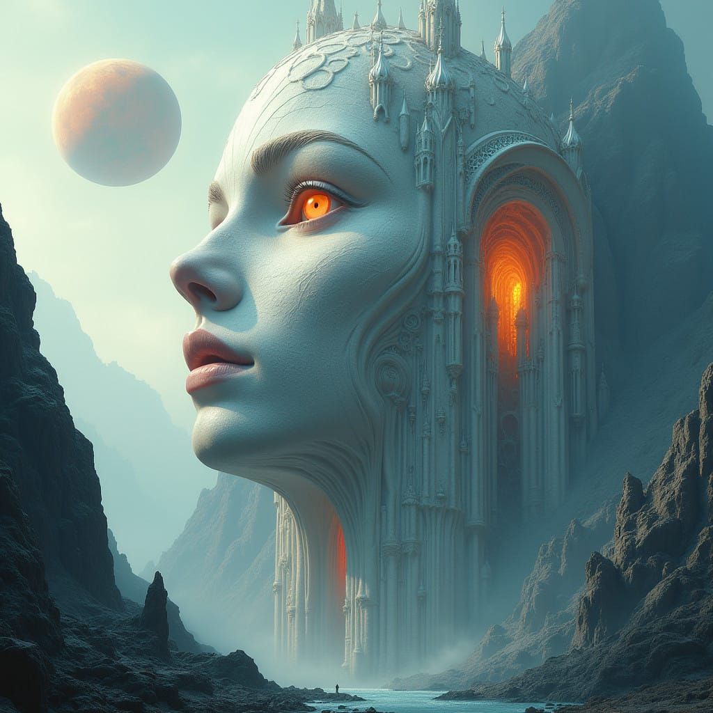 Surreal Gothic Mountain Landscape with Celestial Bodies