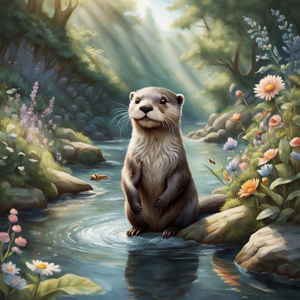 Whimsical Otter Scene in Fairytale Style