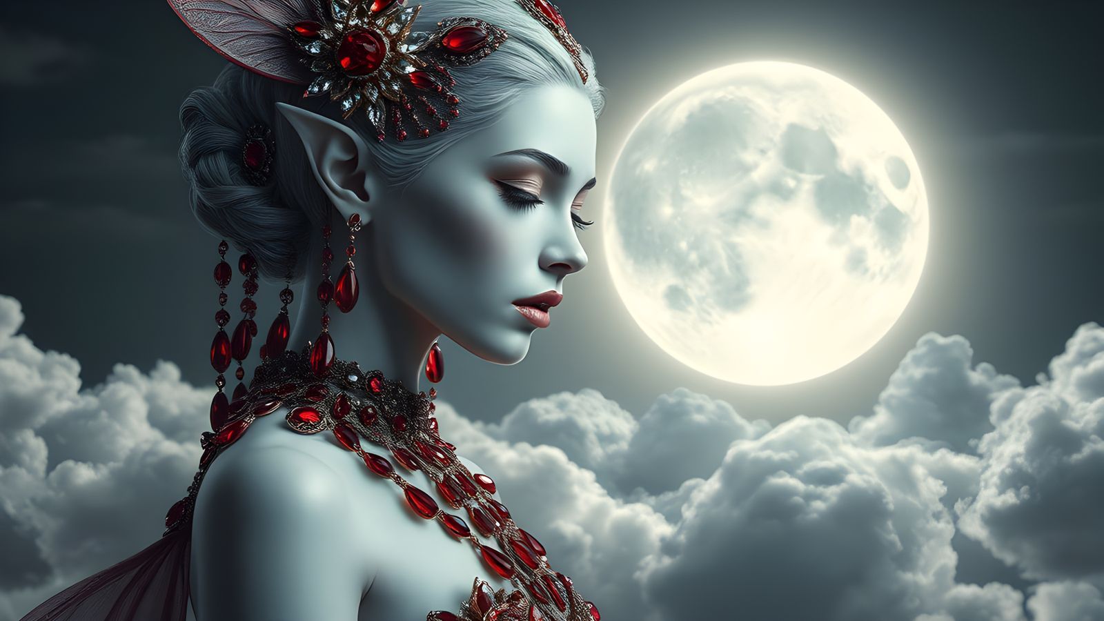 Silver Fae with Jewels and Full Moon
