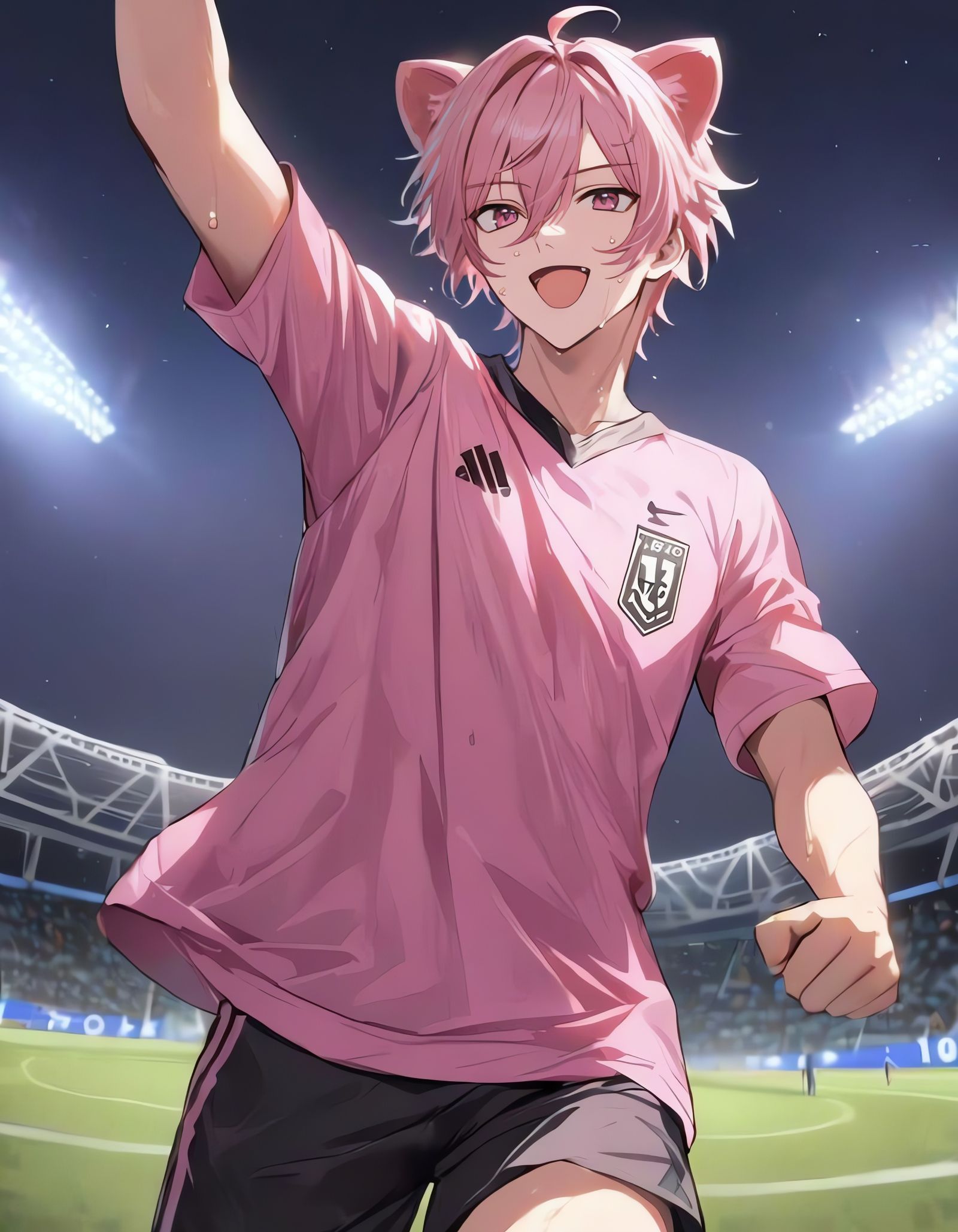 Anime Boy Celebrates Soccer Victory at Night