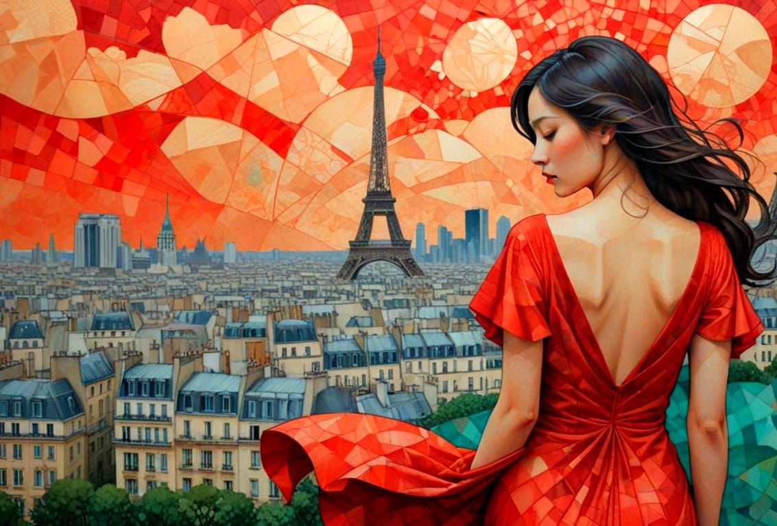 Woman in Red Dress Before Paris Skyline