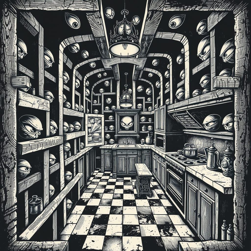 Escherian Kitchen of Unblinking Eyes in Monochromatic Linocu...