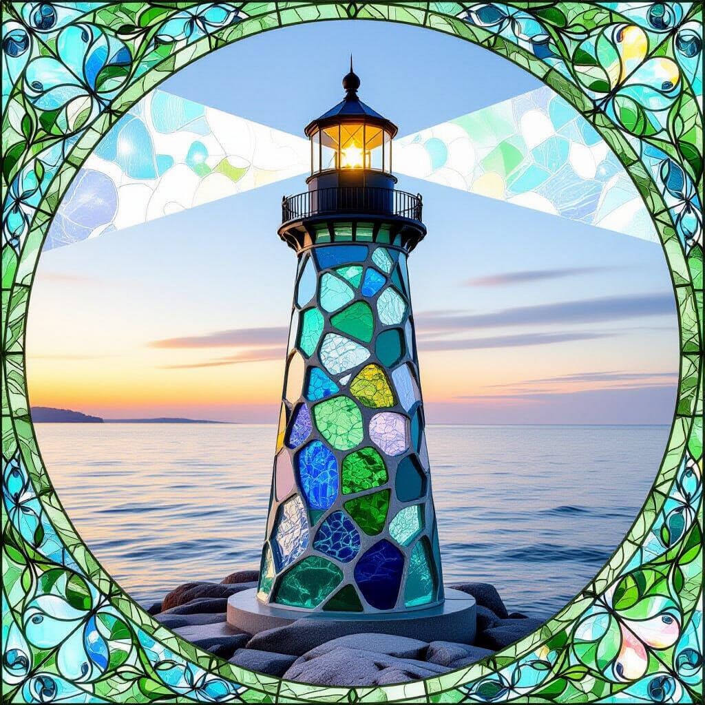 Sea Glass Lighthouse with Iridescent Light Beam