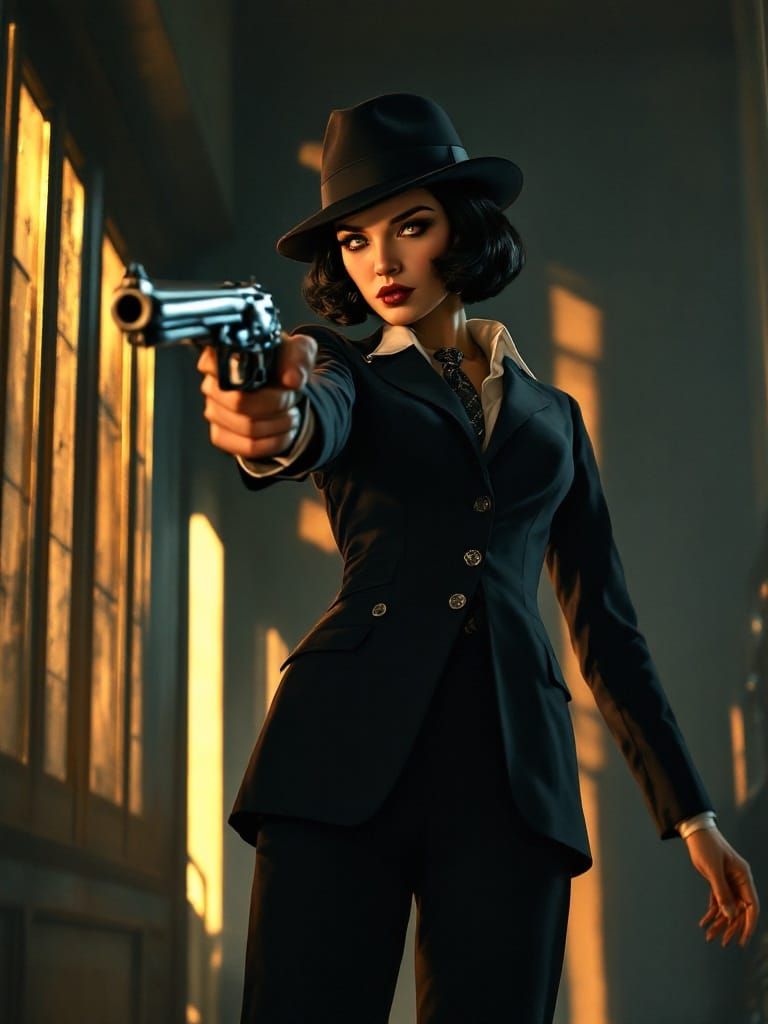 Confident Femme Fatale in Film Noir Style