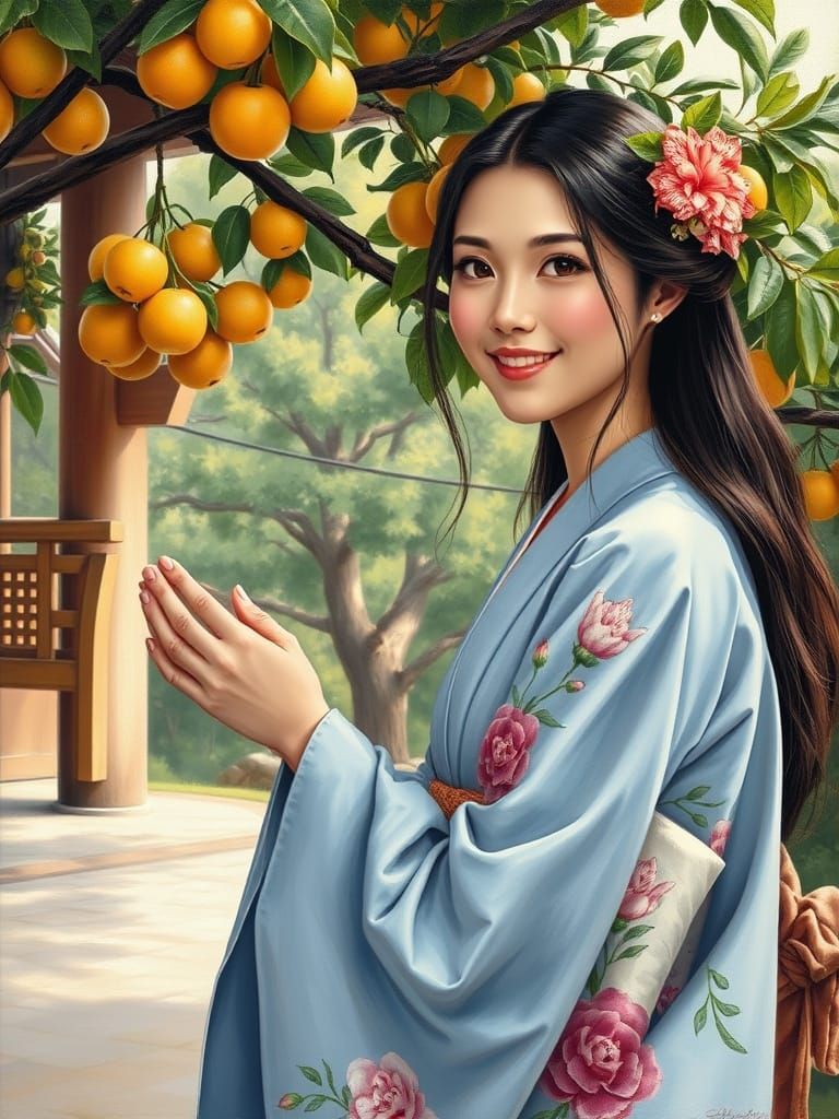 Ancient Japanese Woman Prays Under a Fruit Tree in a Serene ...