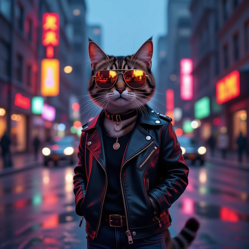 Stylish Cat in Cityscape, Digital Art