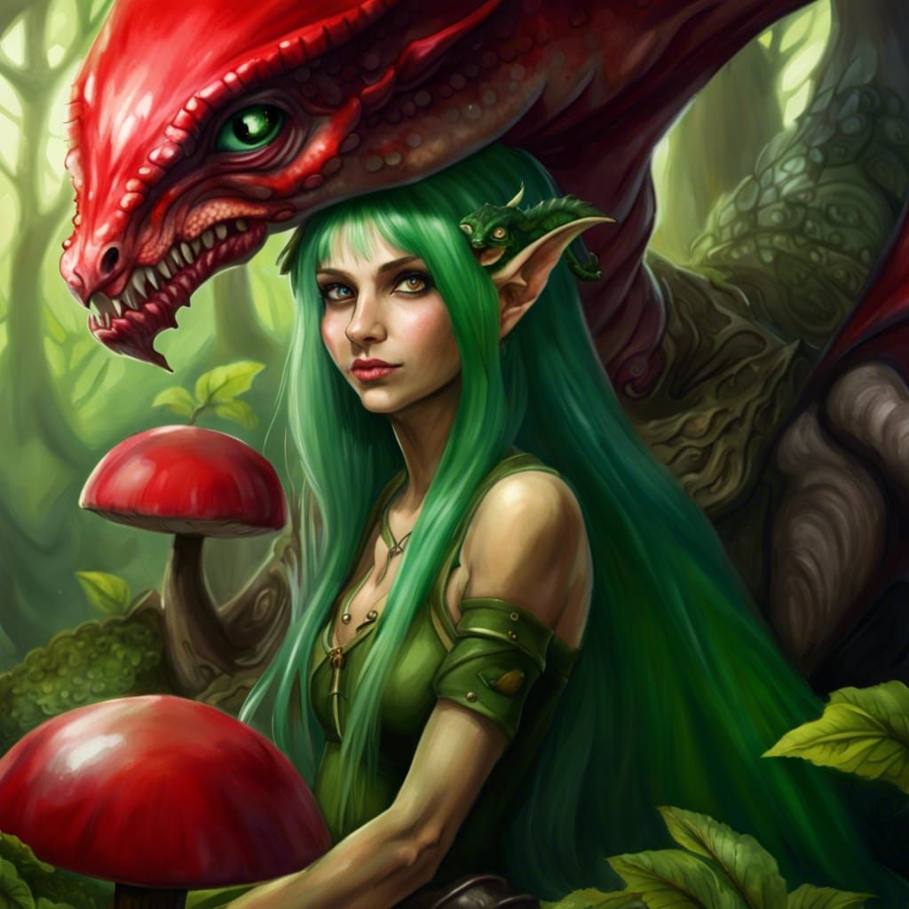 Fairy Elf and Dragon in Lush Forest