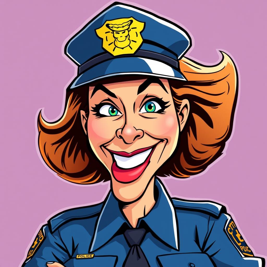 Humorous Caricature of a Police Woman in Cartoon Style