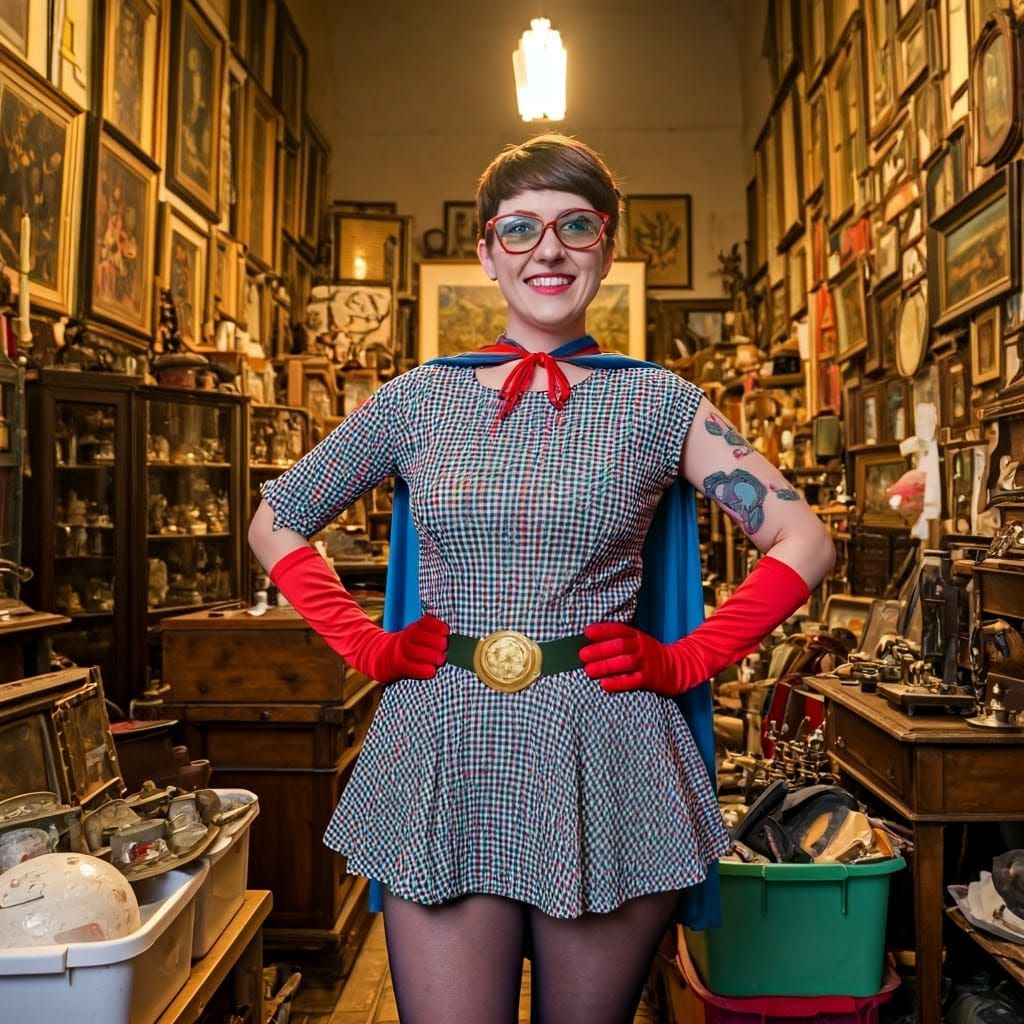 Whimsical Superhero in Vintage Shop