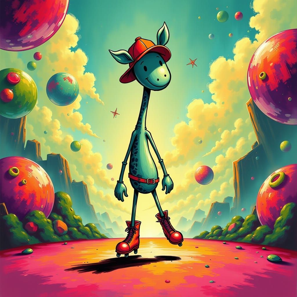 <lora:CoolStick:1.0> 4 legged giraffe animal on roller skates
