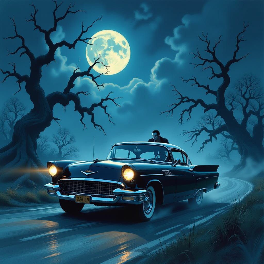 Vampire Drives Classic Car Through Moonlit Gothic Landscape