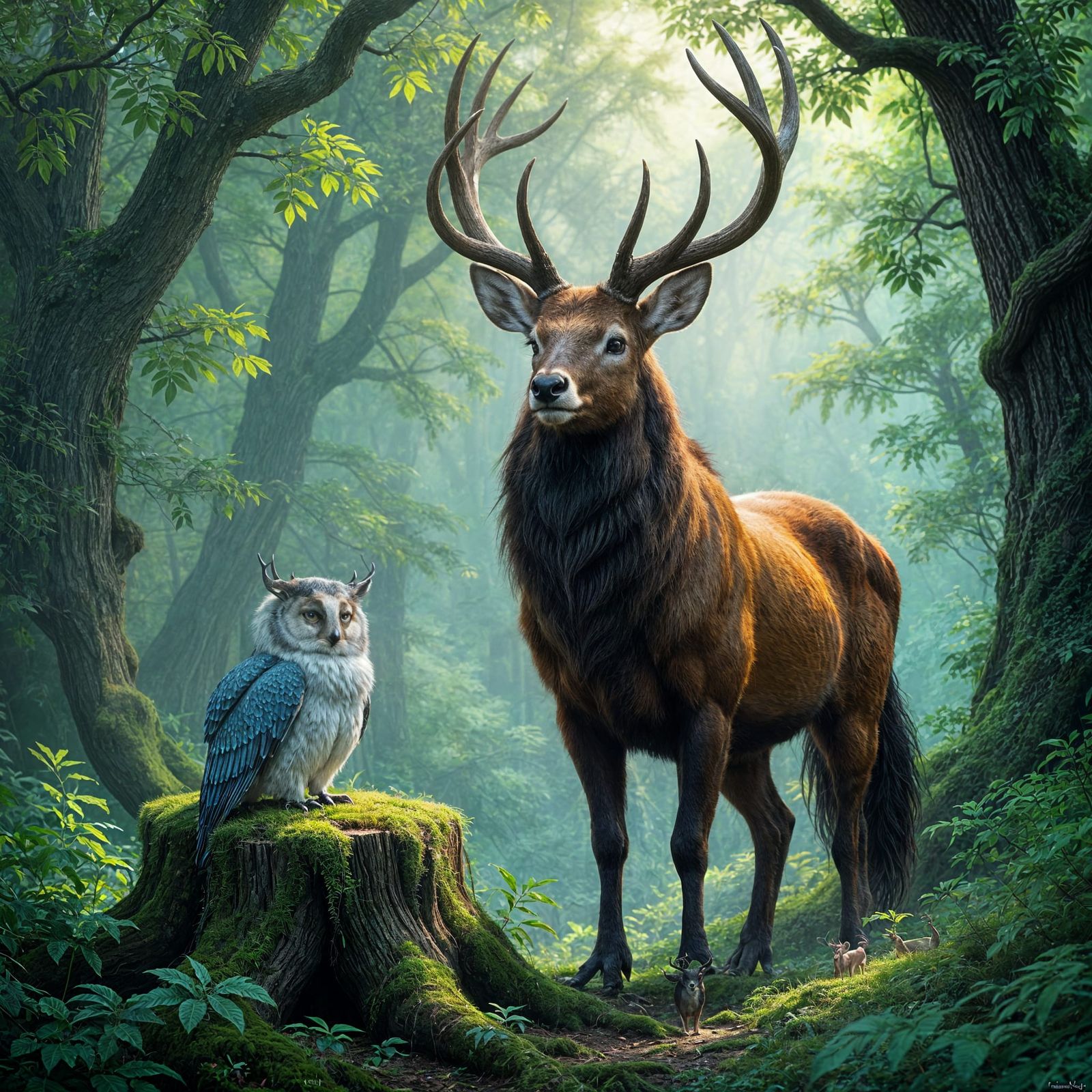 King of Deer Guarding a Wise Owl