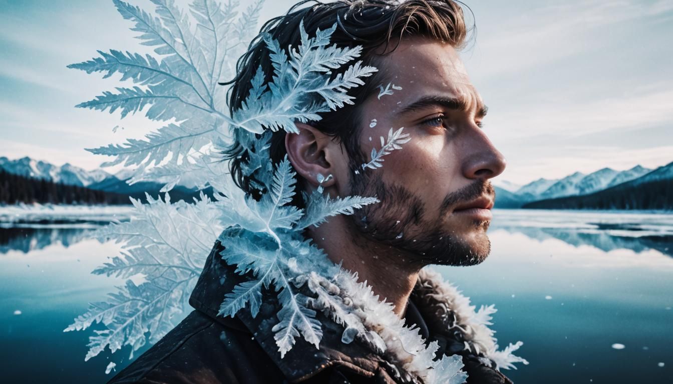 Double Exposure Portrait Above Frozen Lake in 3D Realism