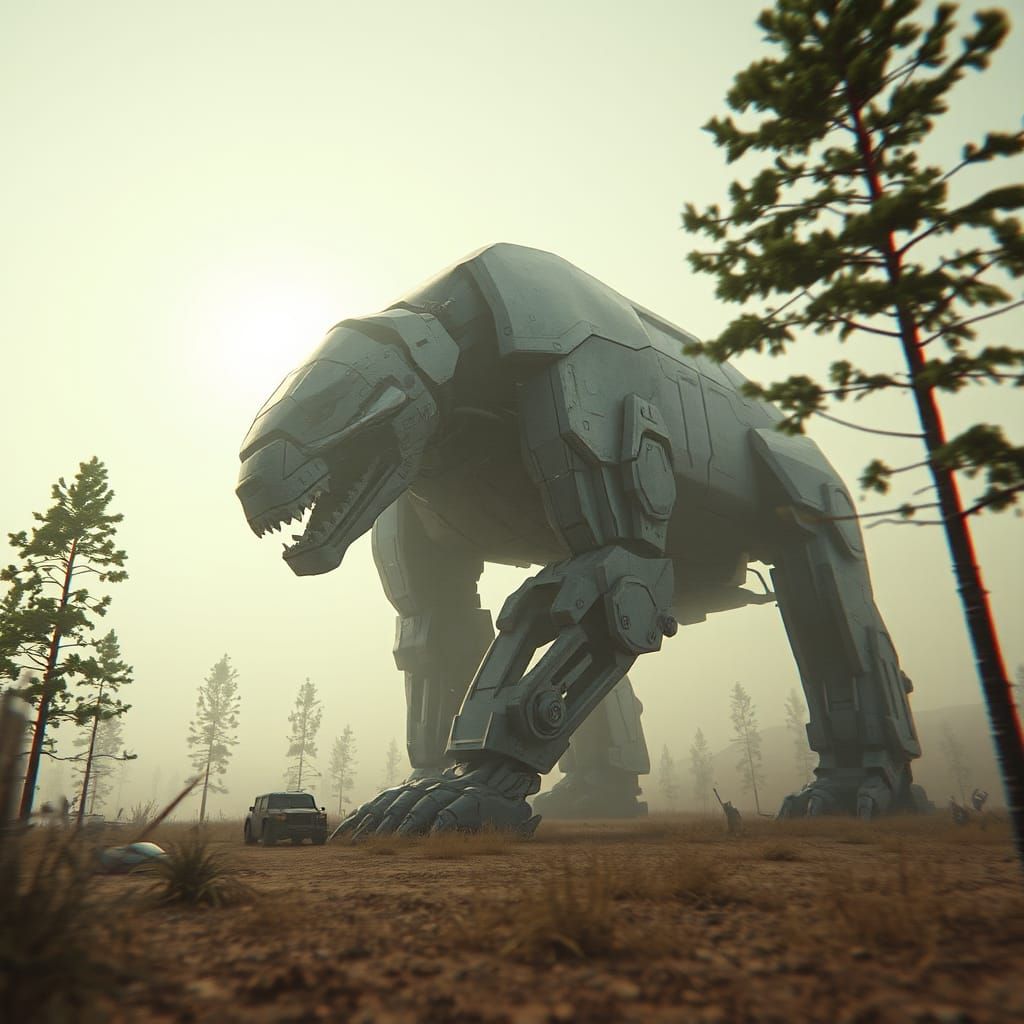 Giant Mecha Bear Monster in VHS Glitch Art