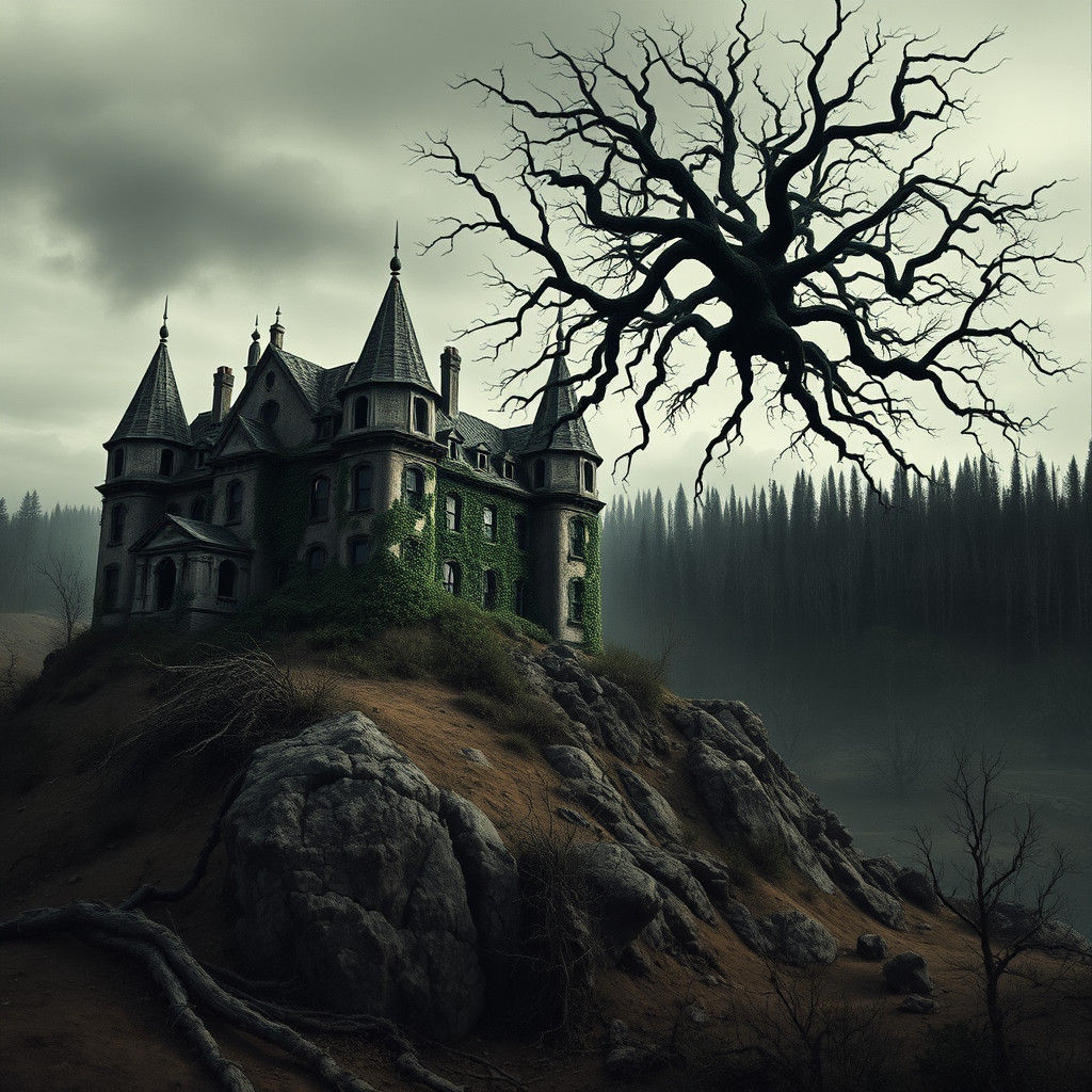 Decaying Asylum on Barren Hill in Dark Forest