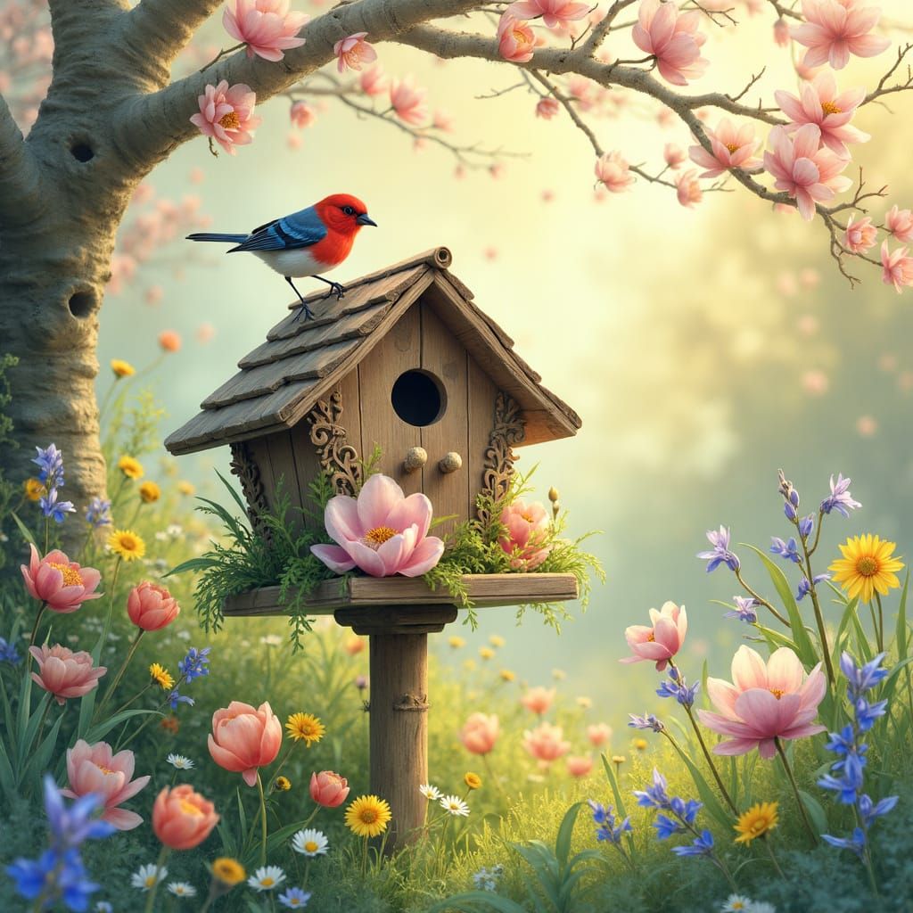 Whimsical Spring Birdhouse Scene in Impressionistic Watercol...