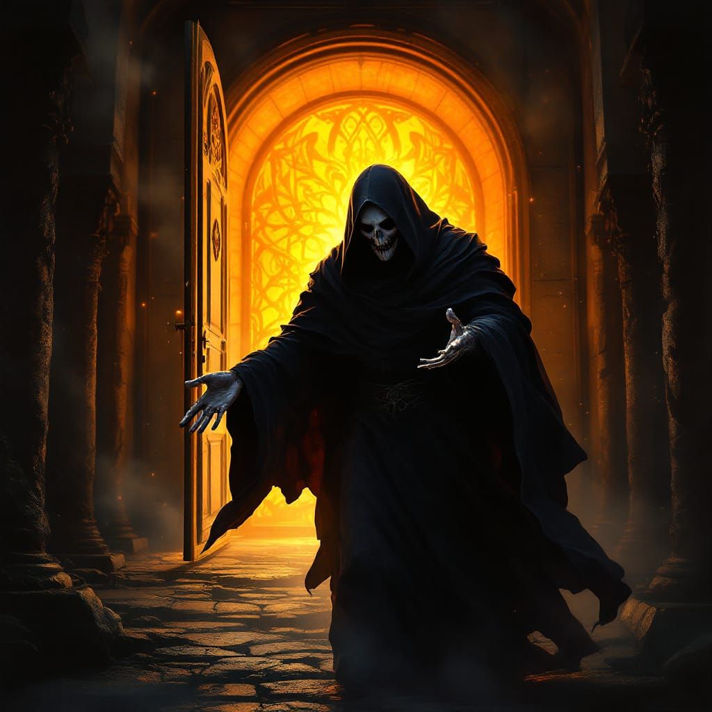 Welcoming Grim Reaper Beckons Toward Golden Light