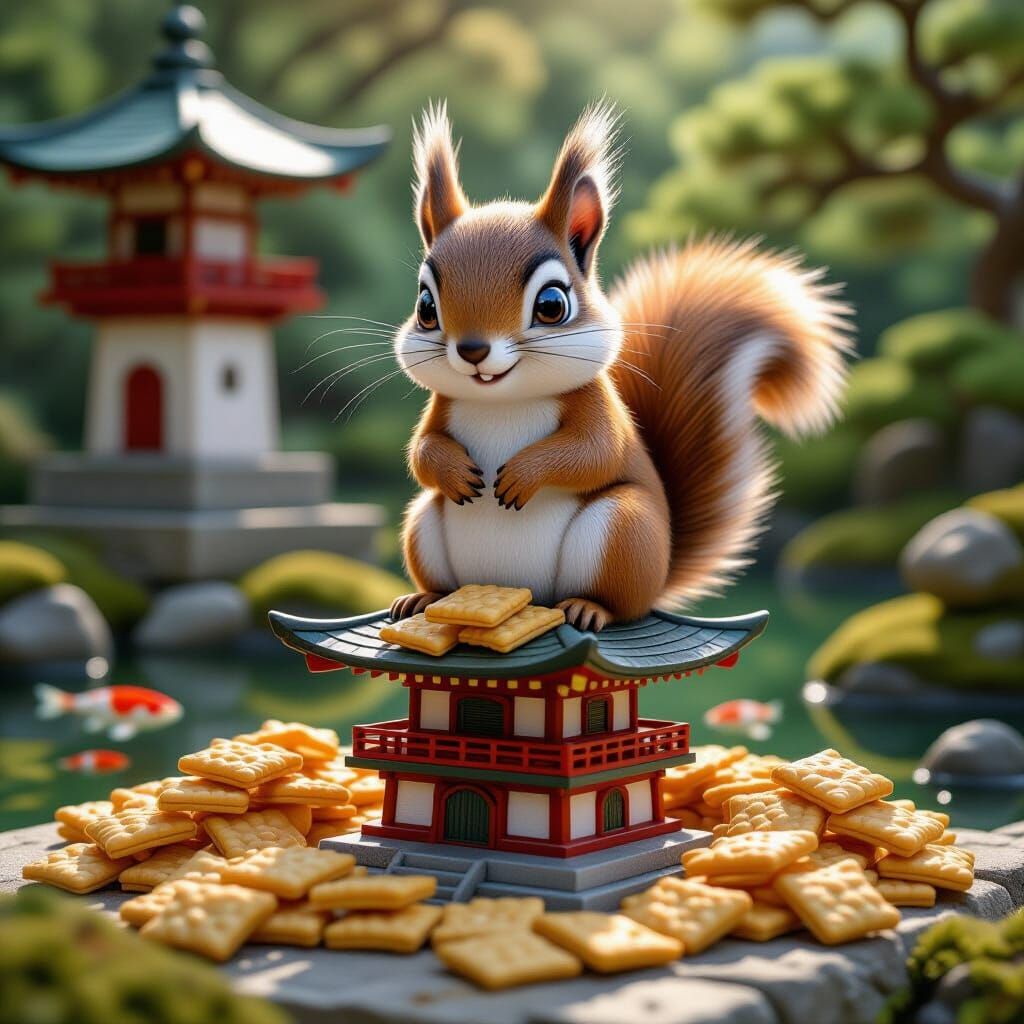 Smug Anime Squirrel Stealing Snacks in Japanese Garden