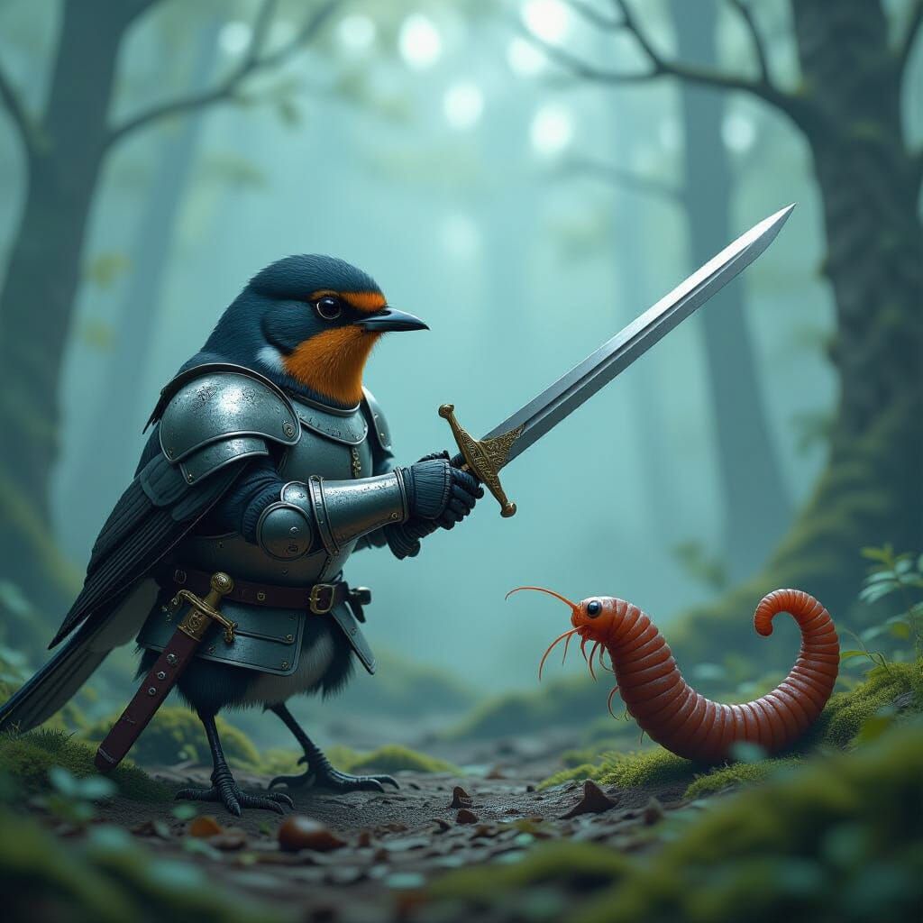 Armored Robin Dueling a Worm in Misty Forest