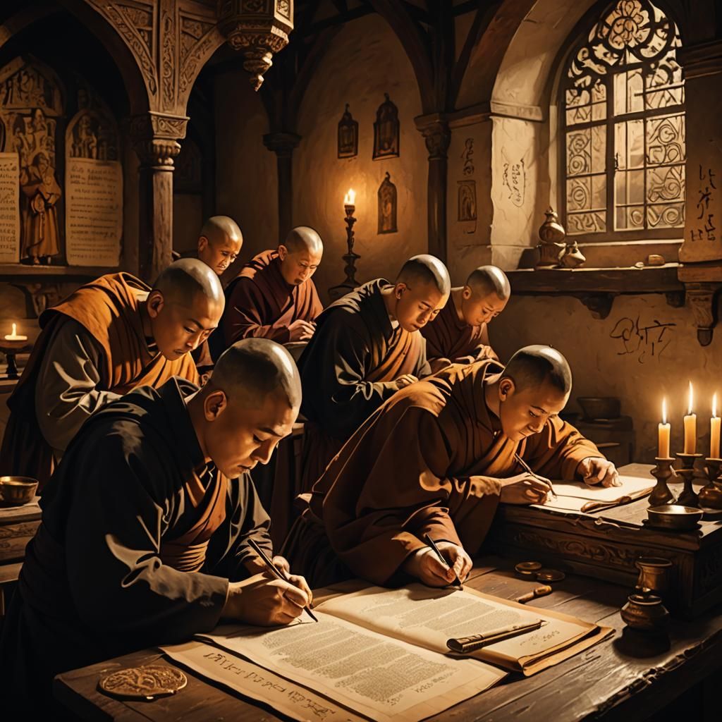 Monks Inking Ancient Manuscripts: Medieval Monastery Scene