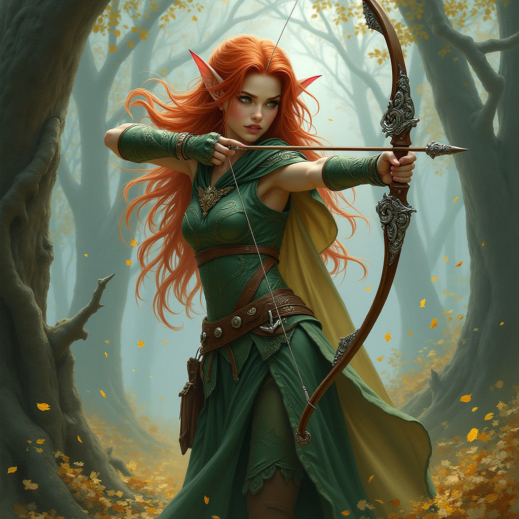 Elven Warrior Ready to Fire Bow in Forest