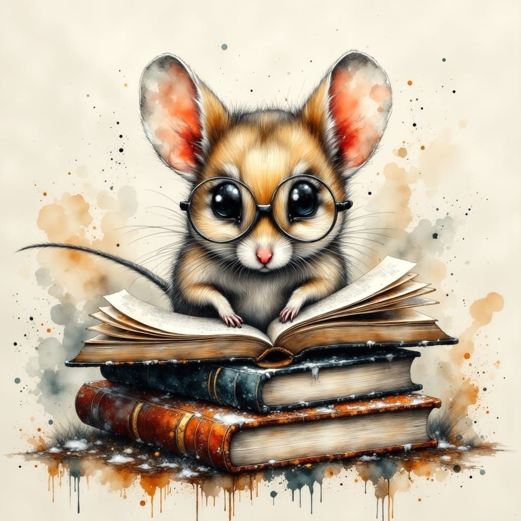 Whimsical Mouse in Cozy Study, Ink and Charcoal Illustration