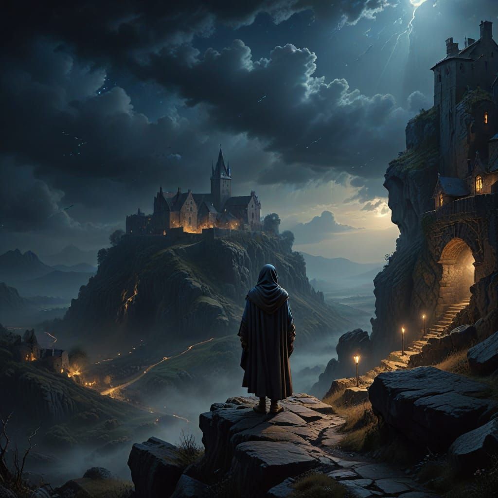 Dark Fantasy Oil Painting of Cloaked Figure Overlooking Medi...