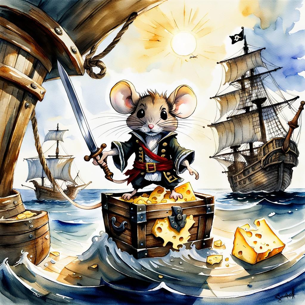Chibi Pirate Mouse Defends Cheese Treasure