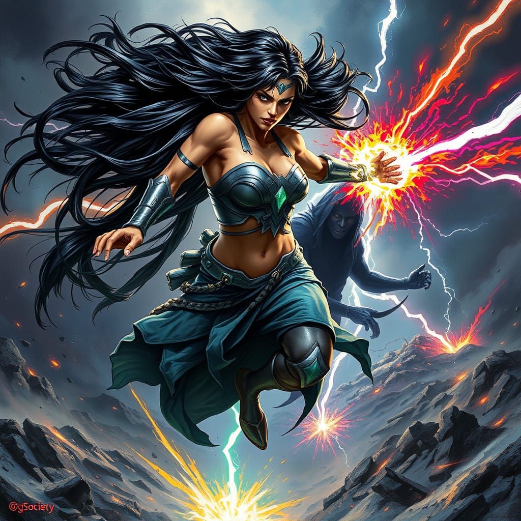 Majestic Warrior Woman Battles Dark Shadow in a Kaleidoscope...