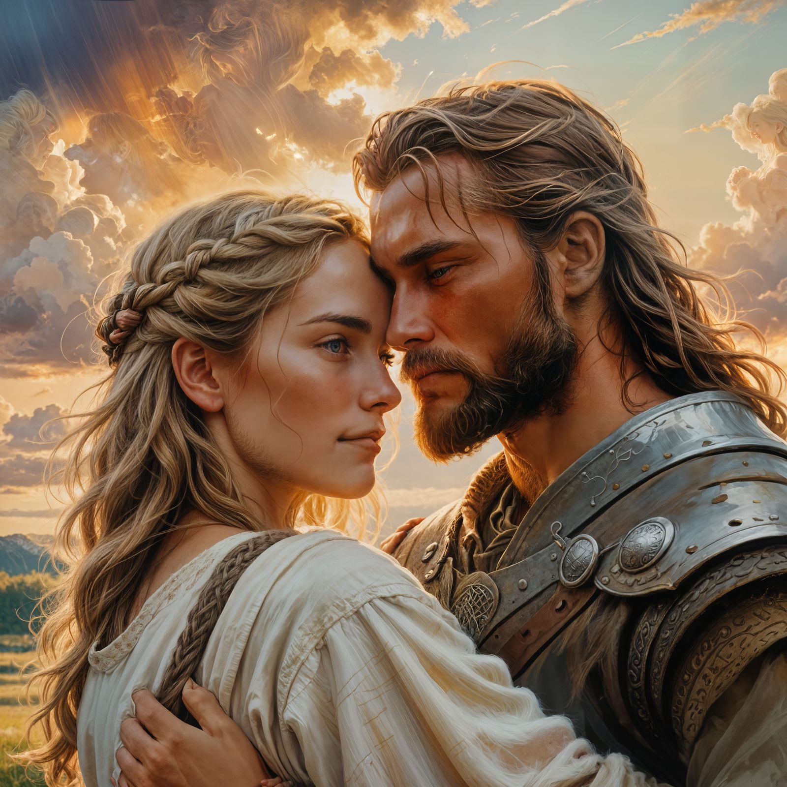 Viking Couple Embrace in Divine Sunlight