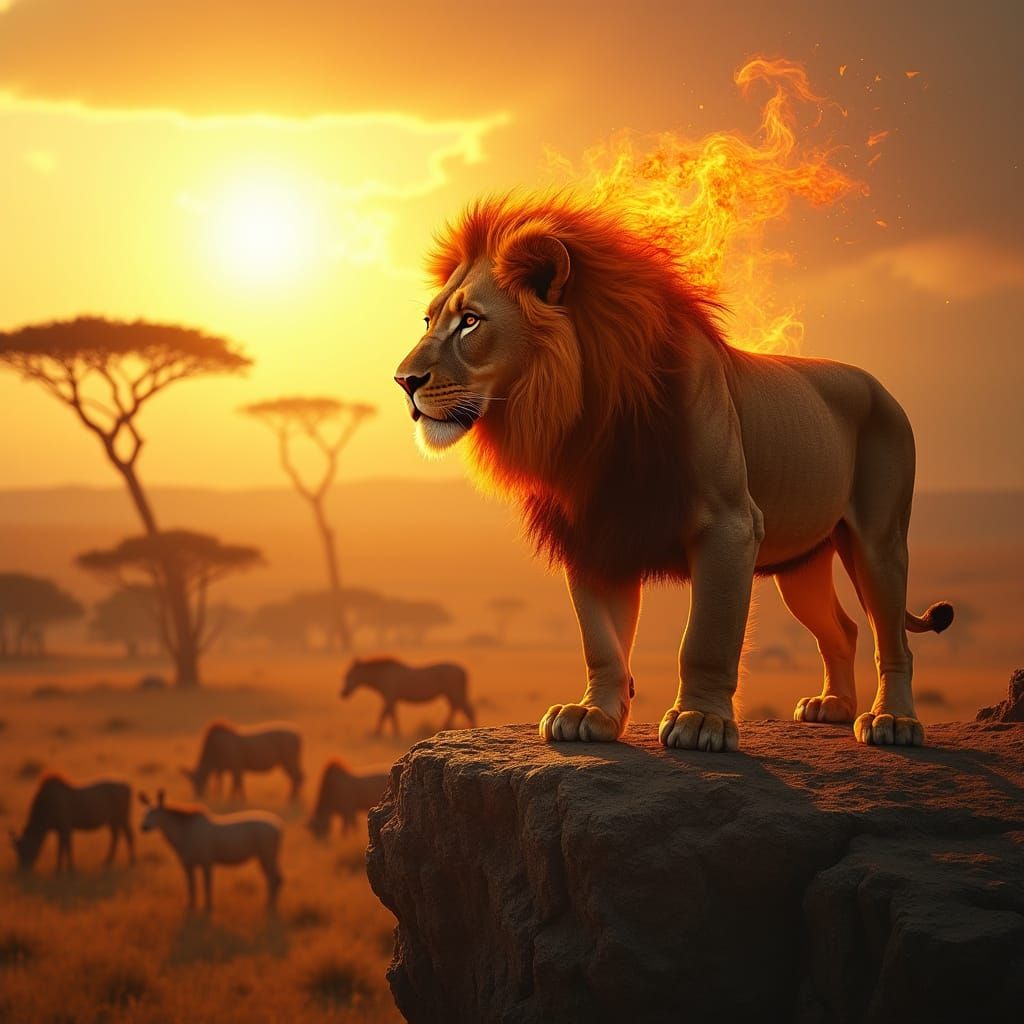 Regal Lion in Fiery Mane, Surveying Ancient Kingdom