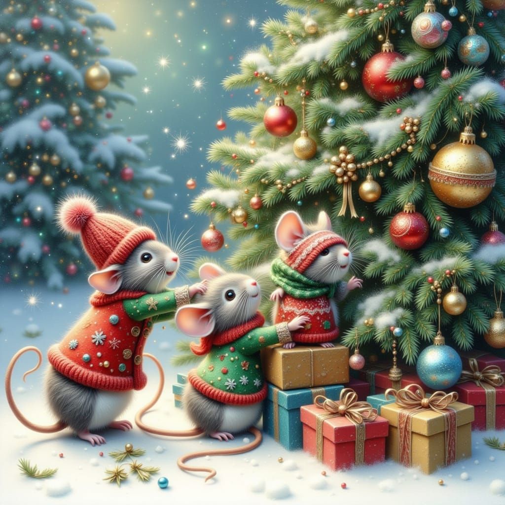 Adorable Mice Decorate Giant Christmas Tree in Oil Painting ...