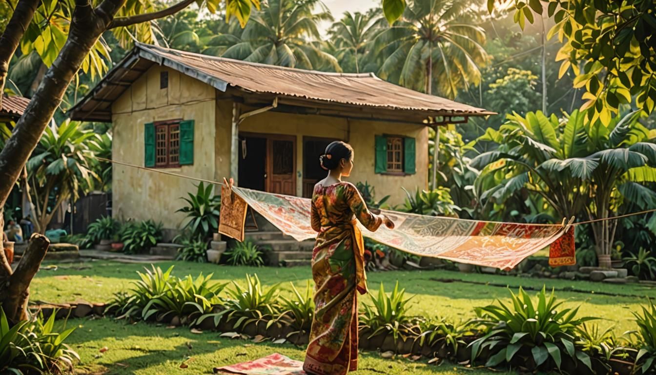 Impressionist Woman Hanging Sasirangan Cloth in Banjar Villa...