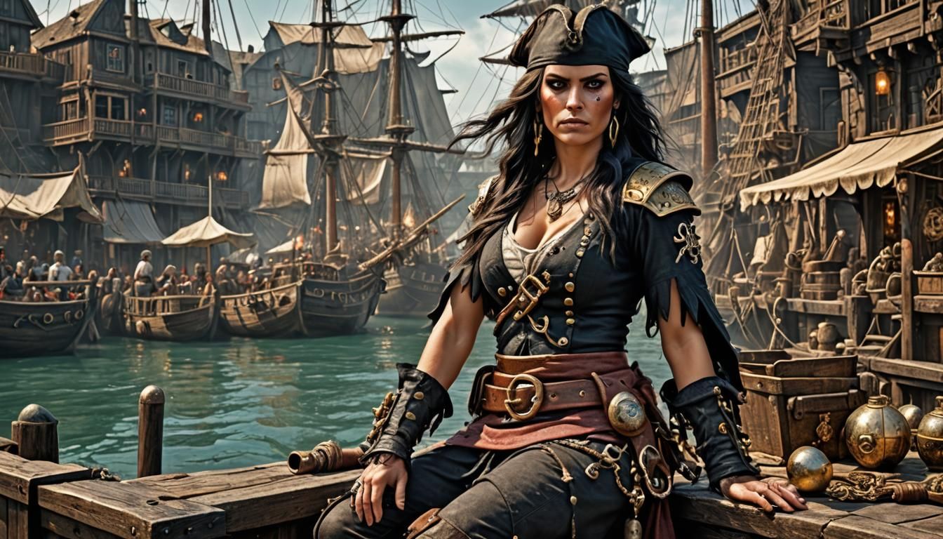 Female Pirate Barbarian in Bustling Harbor Town