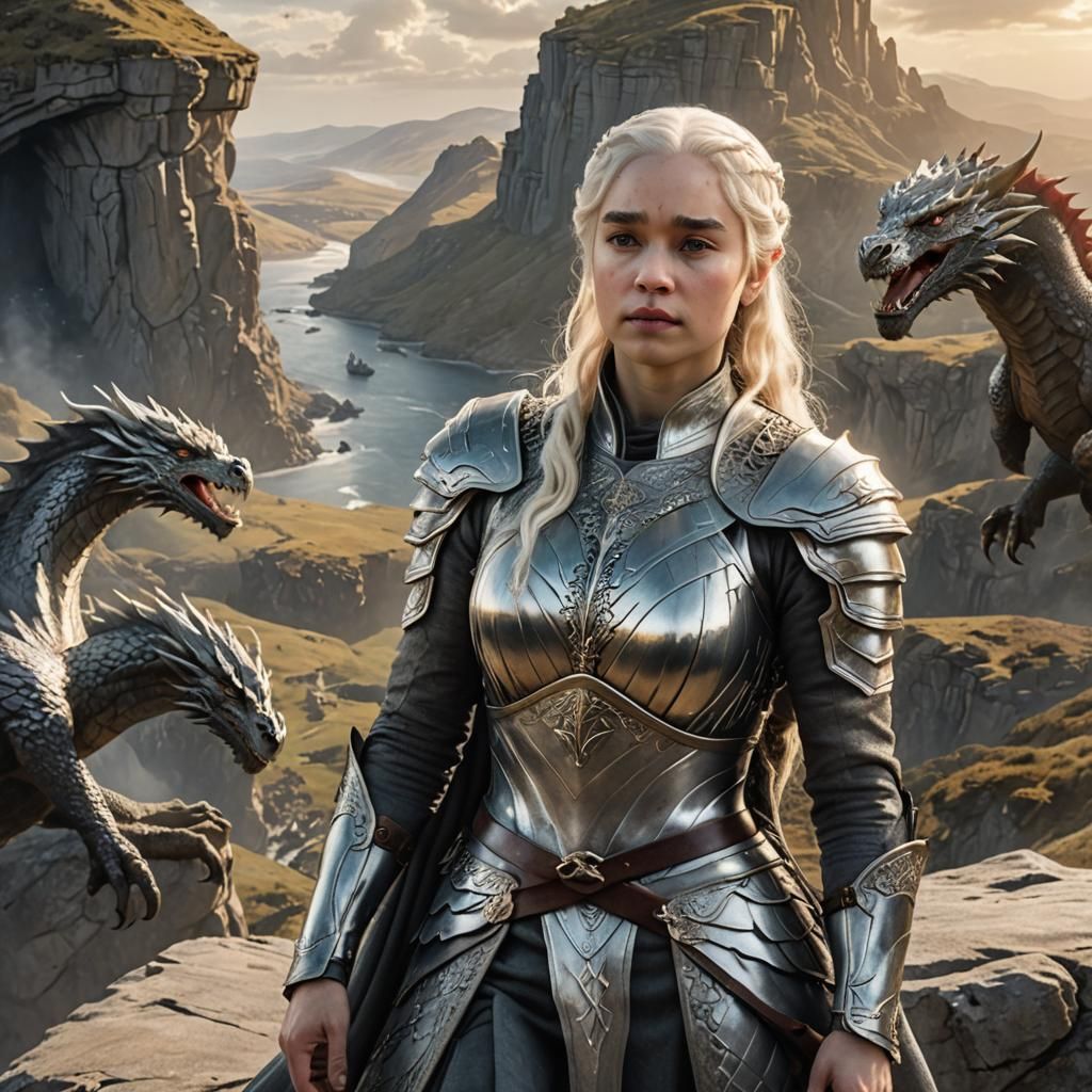 Daenerys Targaryen standing atop a cliff overlooking a vast