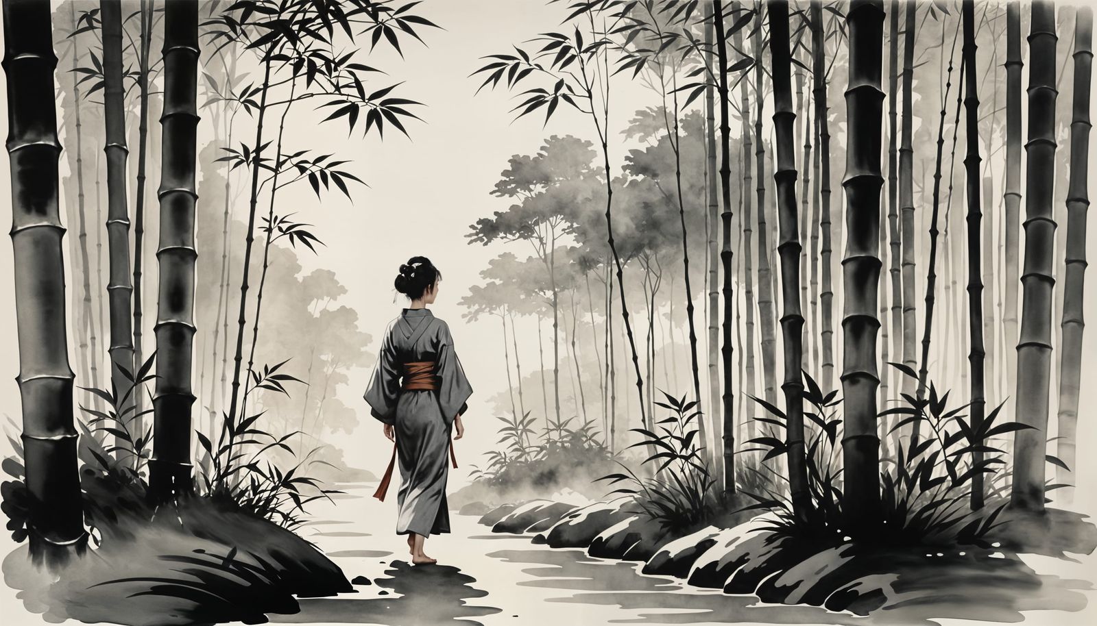 Serene Japanese Ink Painting of Woman in Bamboo Forest
