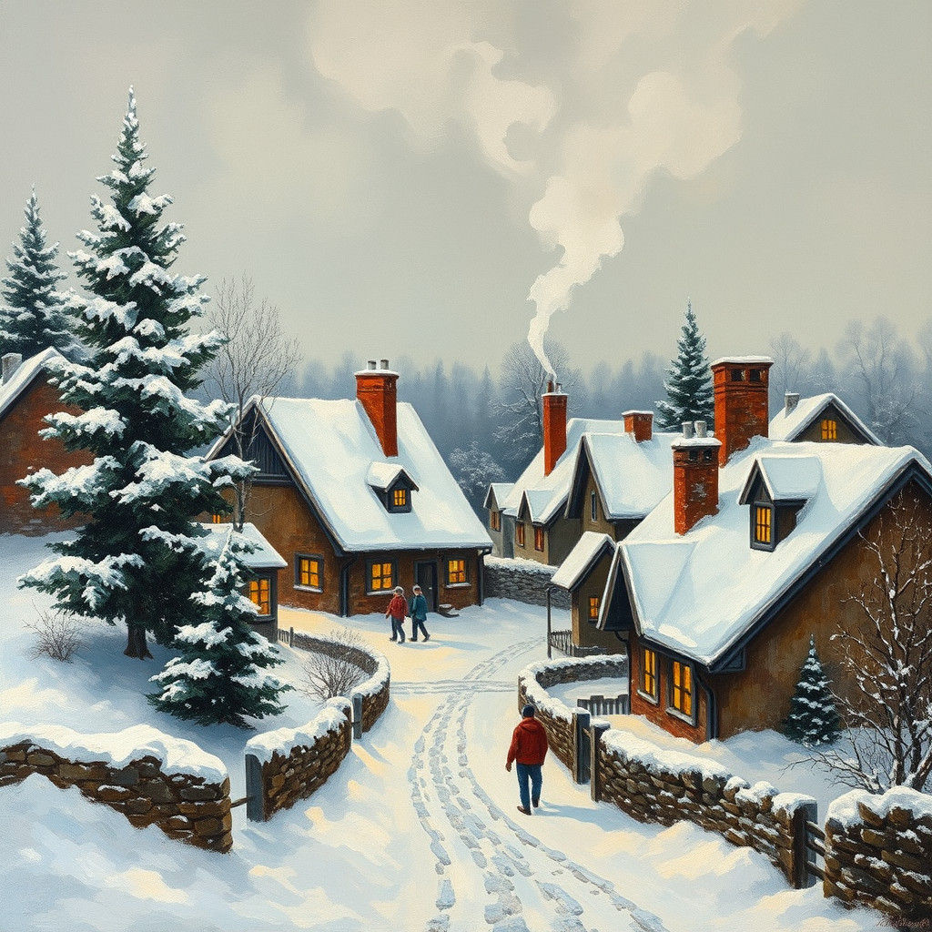 Idyllic Winter Village in Impressionist Style