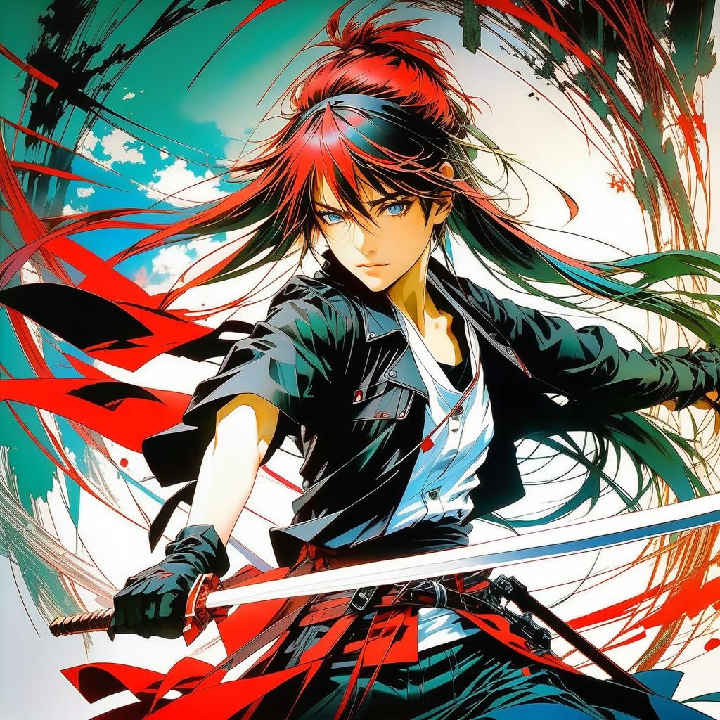 Dynamic Anime Woman with Sword in Arthur Rackham Style