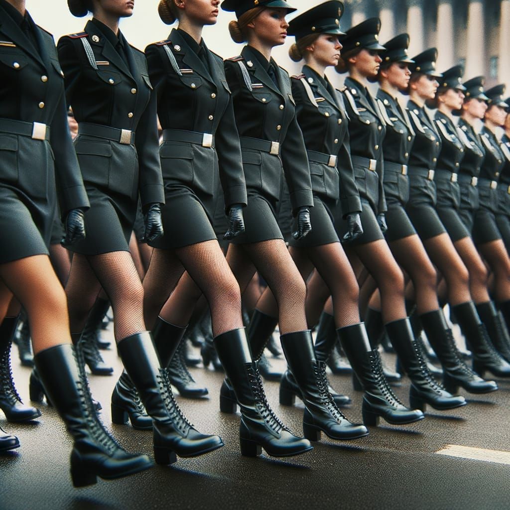 Female Soldiers March in Unison with Goosestep Discipline