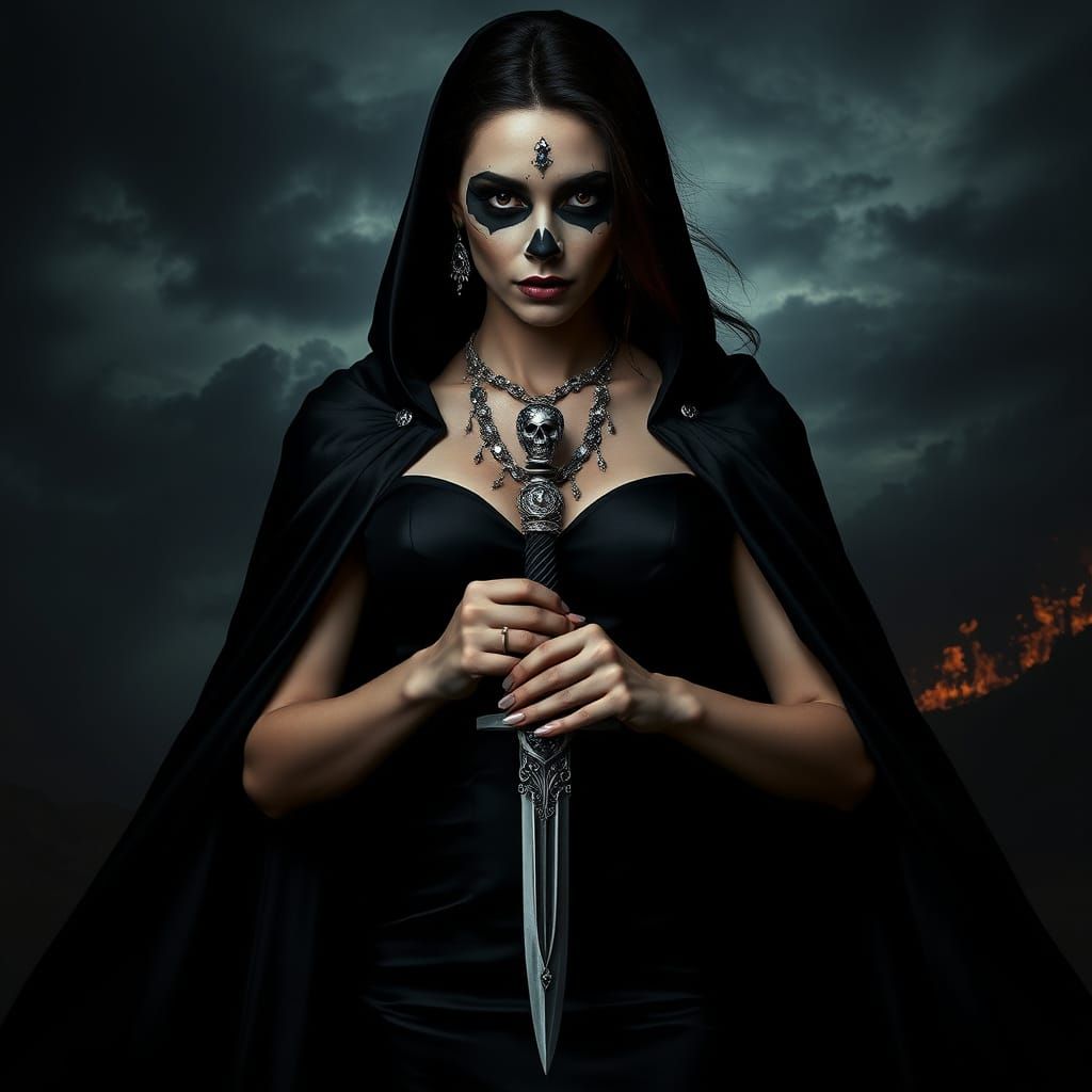 Darkly Romantic Figure in Black Gown and Cape