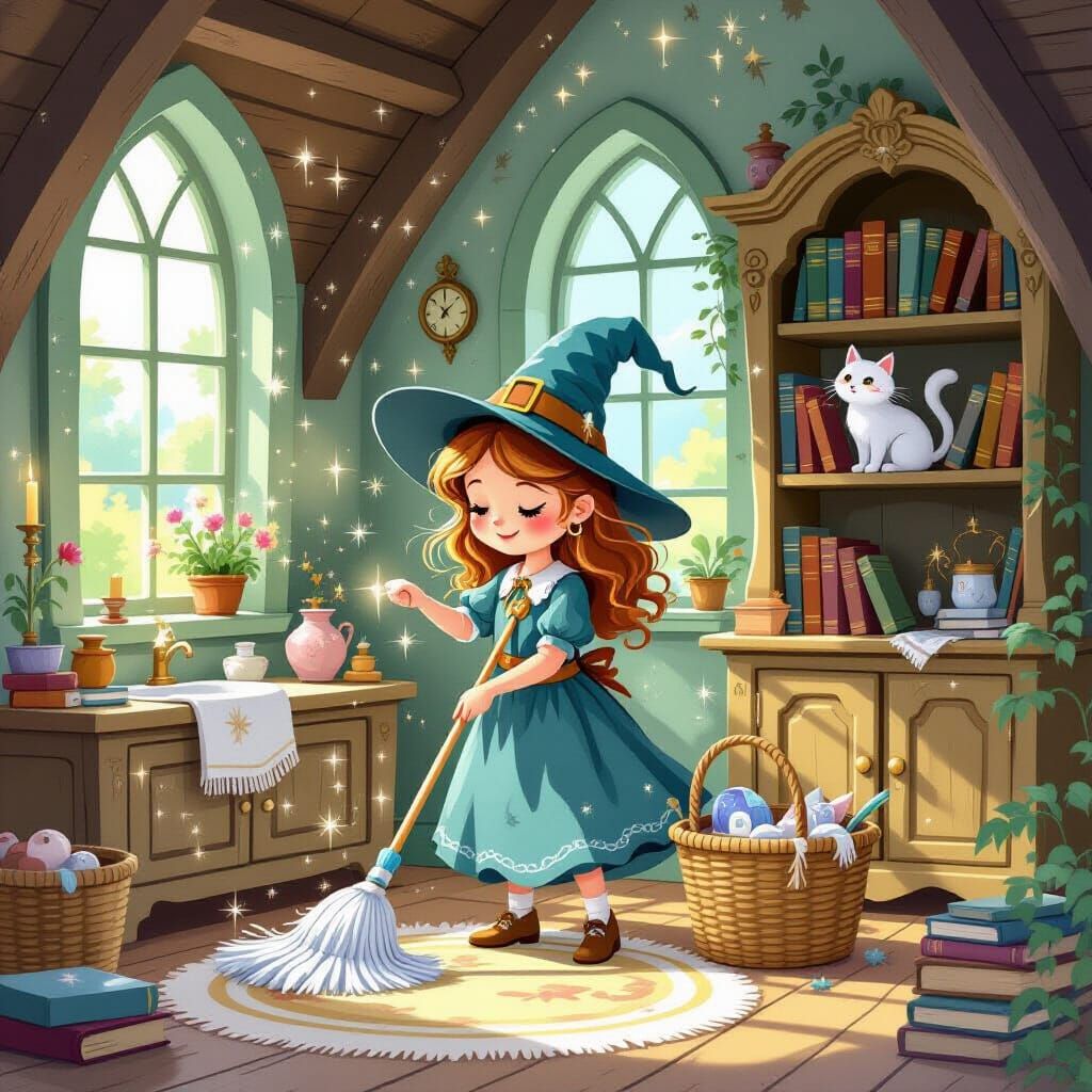 Whimsical Witch Tidying Enchanted Cottage with Sparkles