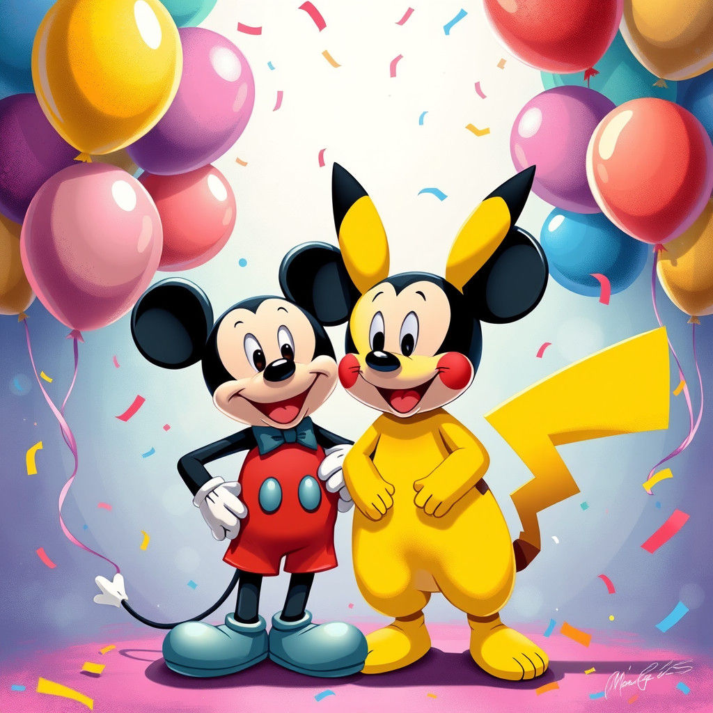 Mickey Mouse and Pikachu in Vibrant Anime Style