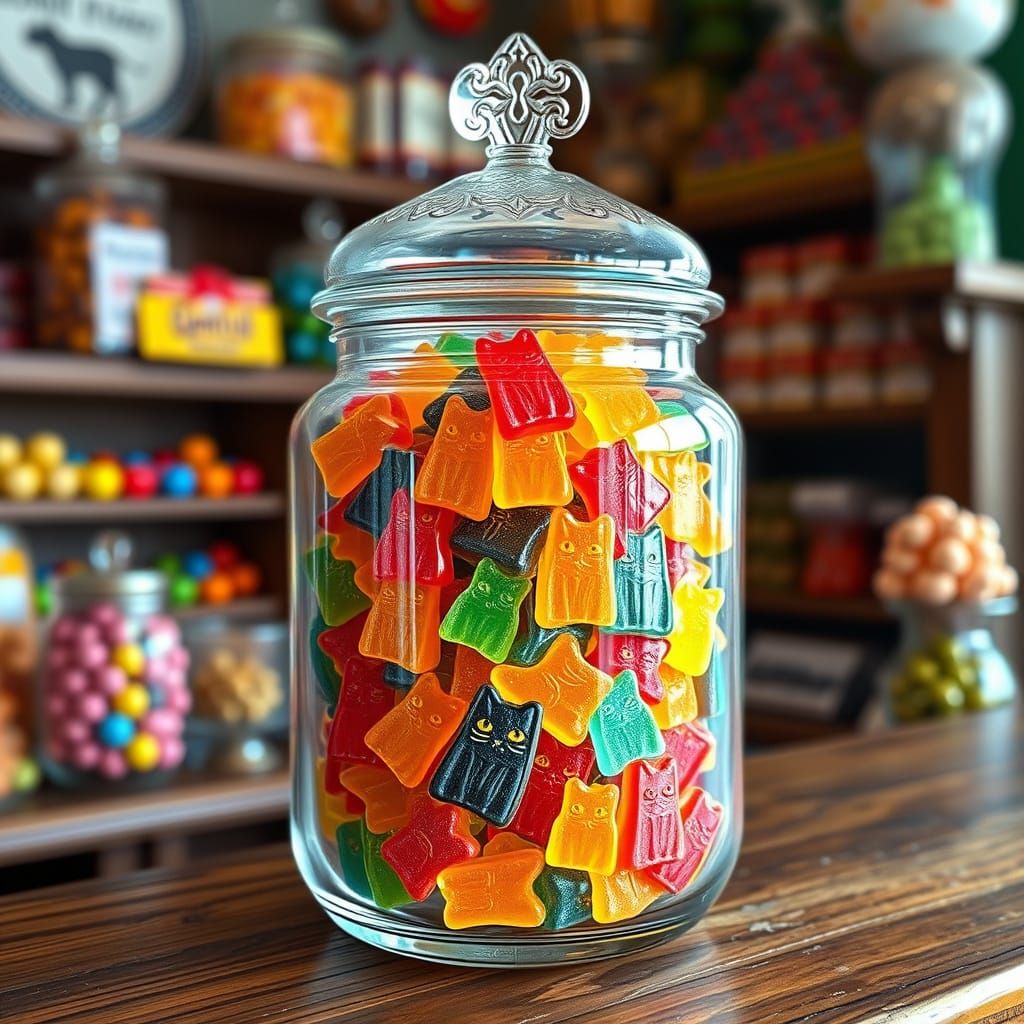 Vibrant Gummy Cats in Antique Glass Jar