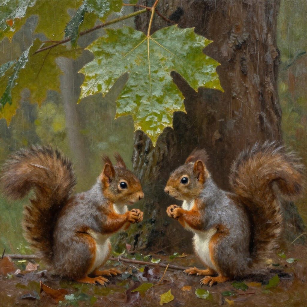Two Squirrels Sheltering Under a Leaf in Oil Painting Style